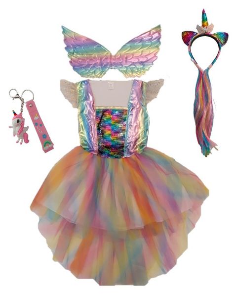 3 Piece Rainbow Unicorn Dress Up Costume - Dress with Unicorn Keyholder