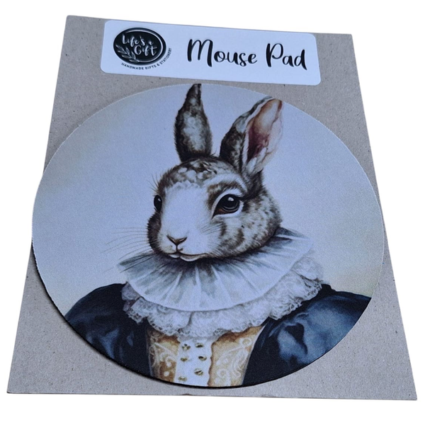 20cm Round Mouse Pad- Grey &amp; White Bunny with Grey &amp; Blue Clothes