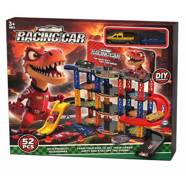 Dinosaur Racing Car Multi-Level Garage &amp; Track Set - 52 Piece