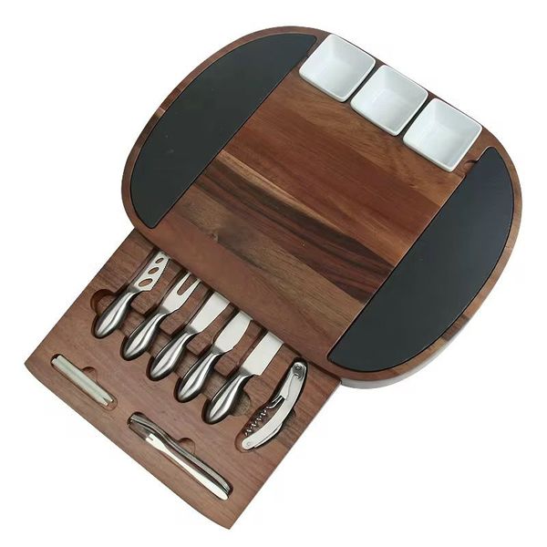 Wood Cheese Board &amp; Knife Serving Tray Set with Slate Platter