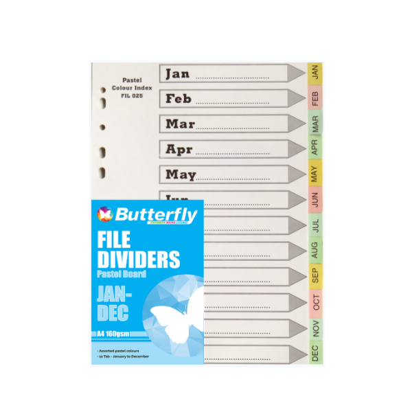 Butterfly A4 File Dividers Pastel Board JanDec (Pack Of 10) Buy