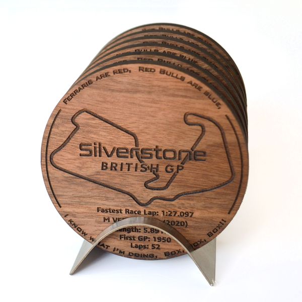 F1 Coasters Iconic Race Tracks - Gift Set f 6 Walnut with Metal Base