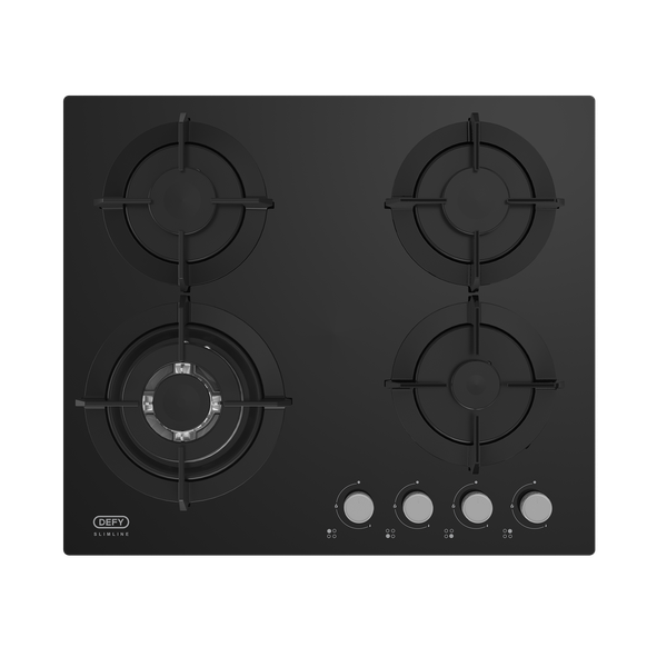 Defy DHG604 60cm Slimline Black Glass Gas Hob w/ Twin Flame Wok