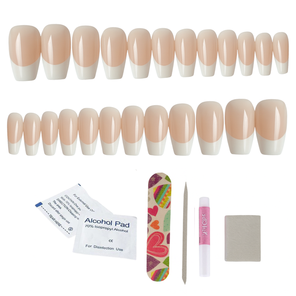 Handmade Nude Medium Coffin French Tip Press-On Nails - 24 Nails + Kit