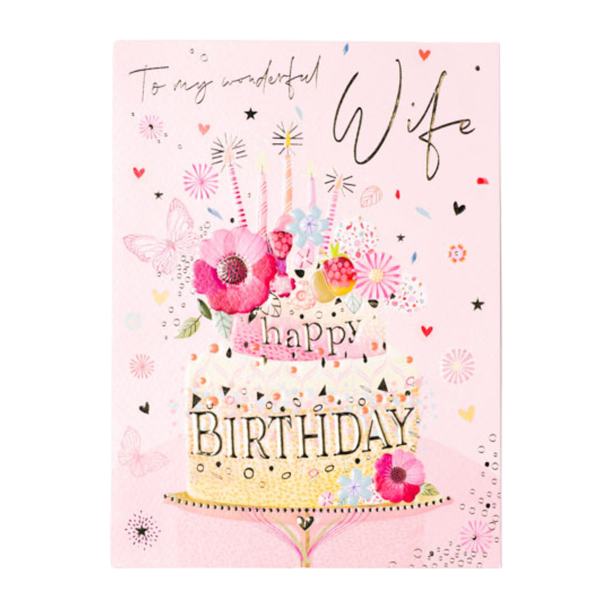 Birthday Card - "To my Wonderful Wife" - Cake with flowers &amp; candles