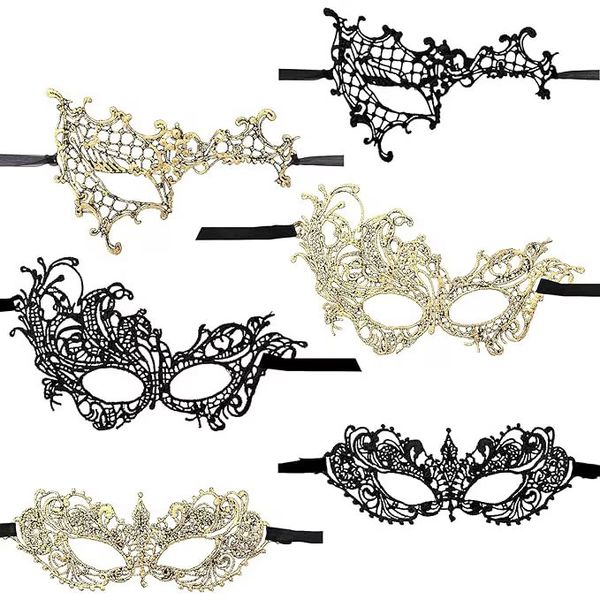 6-Piece Lace Masquerade Mask Set2 Styles in Gold &amp; Black for Carnival Party