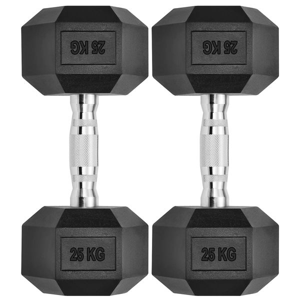 Hex Dumbbells Pair Premium Rubber-Coated for Exercises - 25 KG - Set of 2