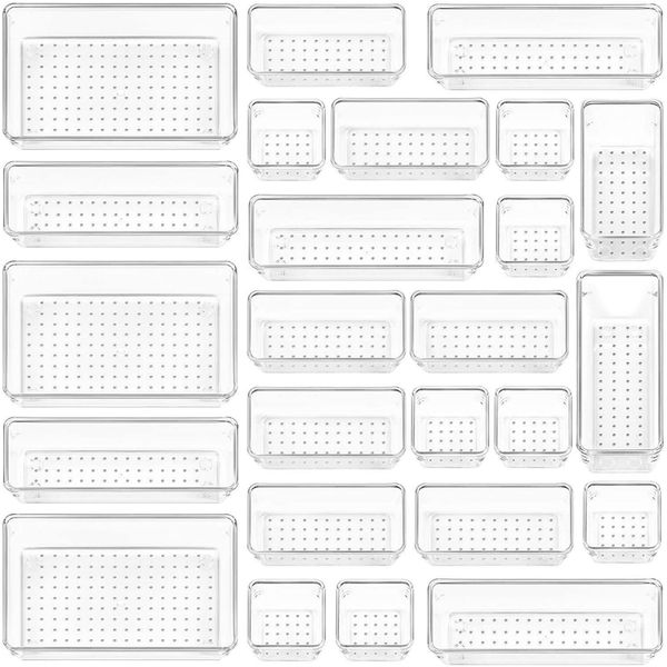 25 Piece Clear Plastic Desk Drawer Trays Organizers Makeup Storage Drawers