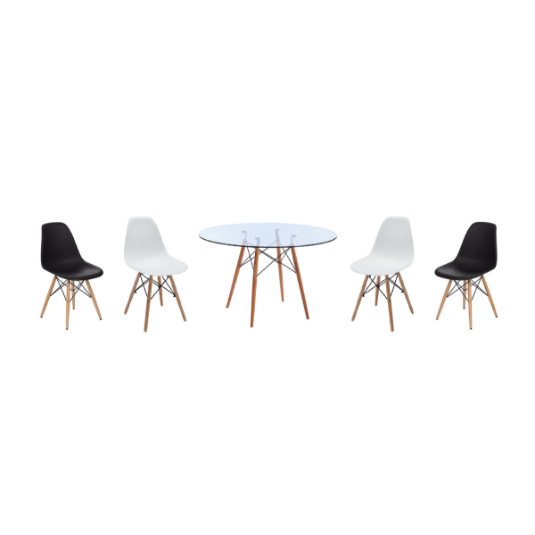 5 Piece Glass Table and Wooden Leg Chairs