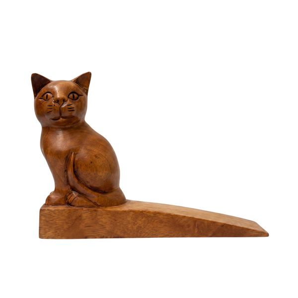 Wooden Cat Doorstop Seated Decorative Handcrafted Decor | YLT