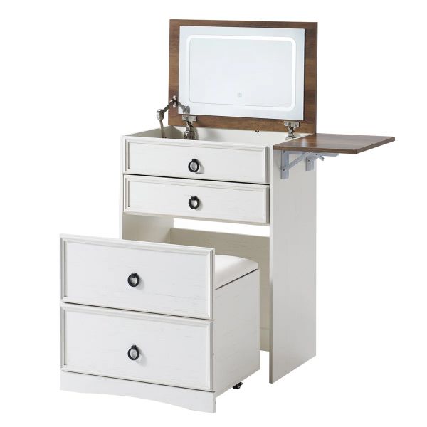 Furnny - Vanity Table with Mirror, Light, Fold-up Panel, and Storage Stool