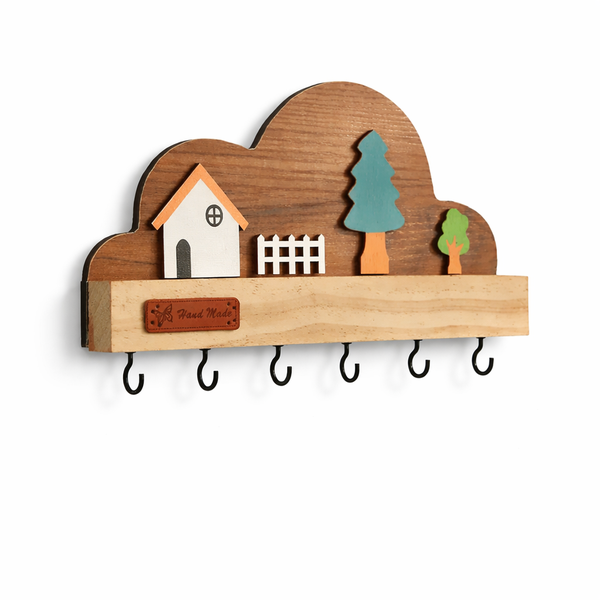 Wooden Porch Key Storage With 6 Hooks - Brown
