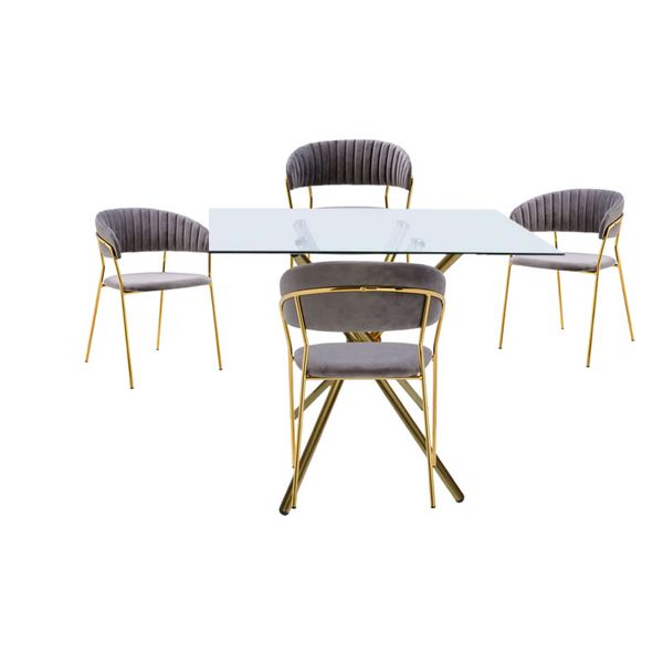Square Glass Table And Modern Velvet with Gold Metal - JY - 5 Piece
