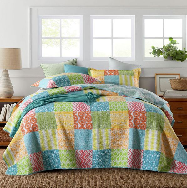 Decorative Stylish Summer Look Reversible Embroidered Bedspread -Yellowblue