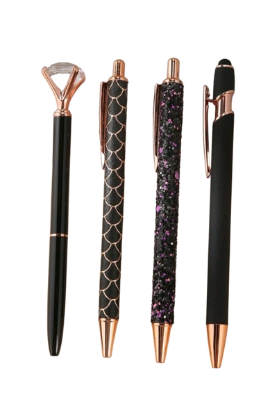 Rosegold And Black Crystal Diamond Ballpoint Pens (Set of 4)