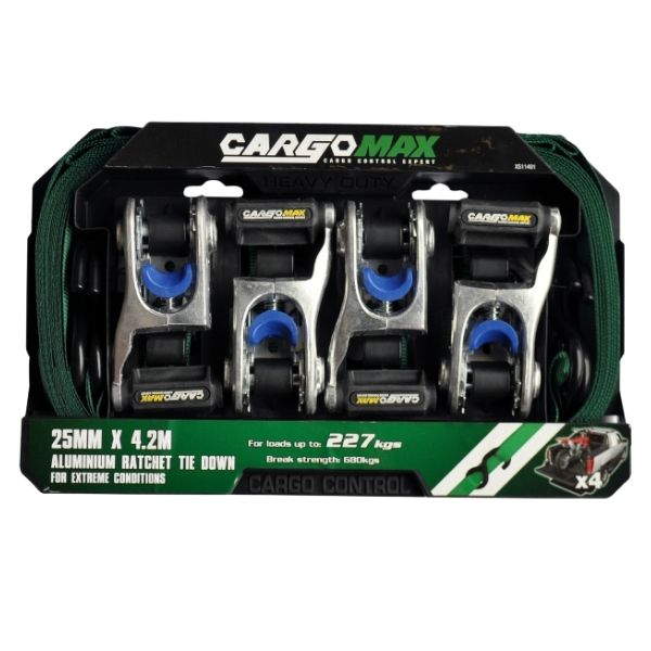 Cargomax - Tie Down Ratchet Strap S-Hook 25mm x 4.2m - 4 Piece