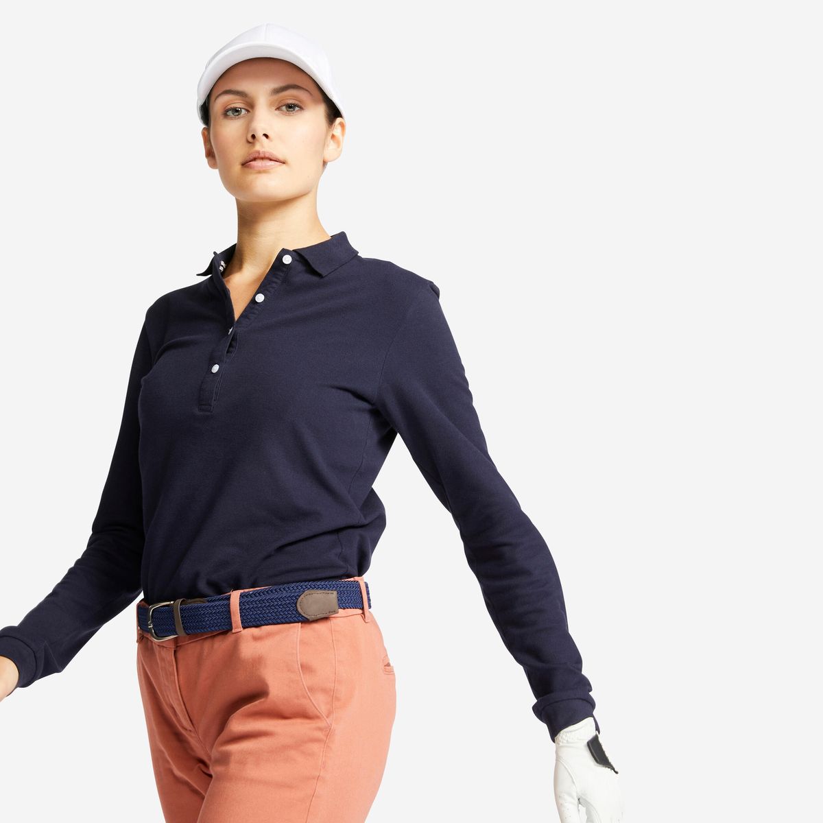 Women's Golf Polo Long Sleeved MW500 Navy Blue Shop Get - Technical View