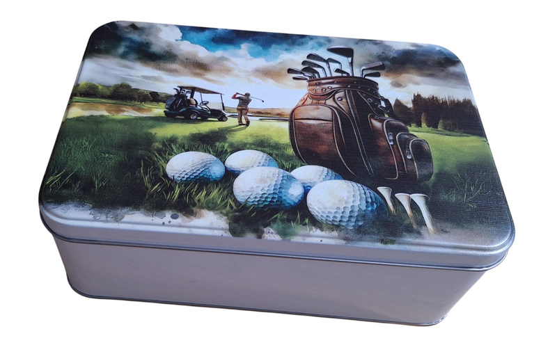 Practical Storage Tin - Brown Golf Bag &amp; Golf Balls on Green Grass
