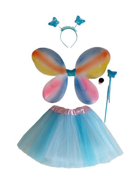 5 Piece Rainbow Fairy Princess Dress Up Tutu Skirt with Wings - Blue