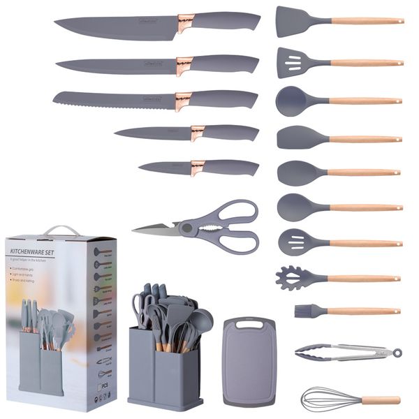 Cutlery Set For Cooking Tools Non-Stick Heat Resistant 19 Piece Silicone Wood