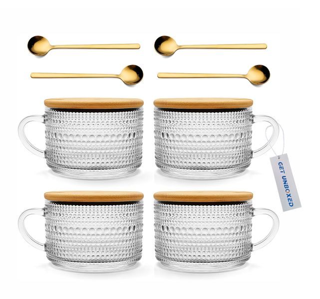 GET UNBOXED Glass Coffee Mugs Embossed Glass Cups with Lids Spoons - 4 Pack