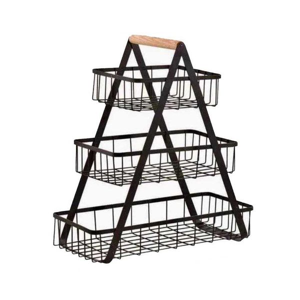 Portable 3-Tier Home Storage Basket Rack With Wooden Handle - Black