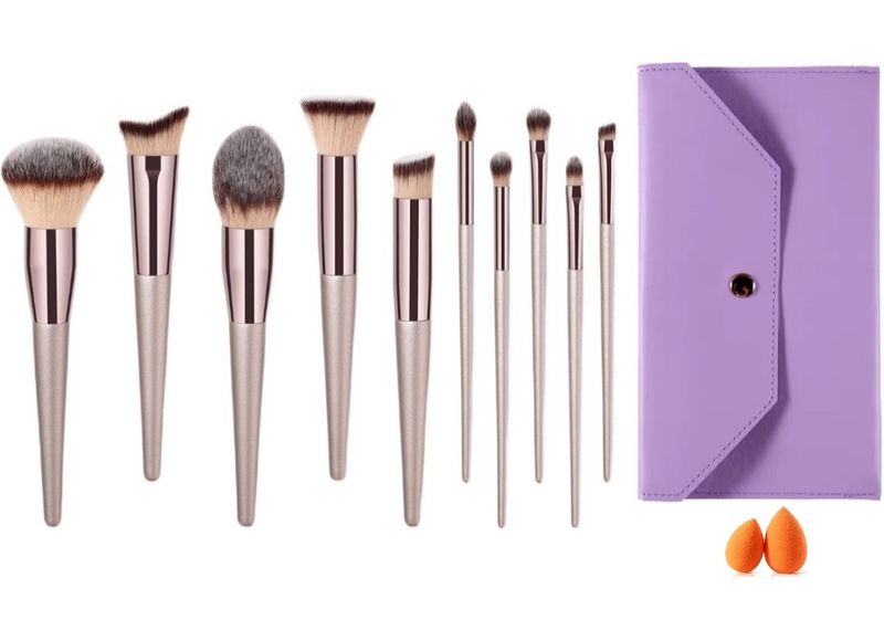 12Piece Champagne Makeup Wood Handle Make Up Brush Set Foundation Sponges