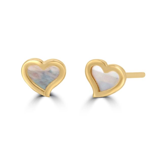Heart Stud Earrings Set with Mother of Pearl in 9ct Yellow Gold