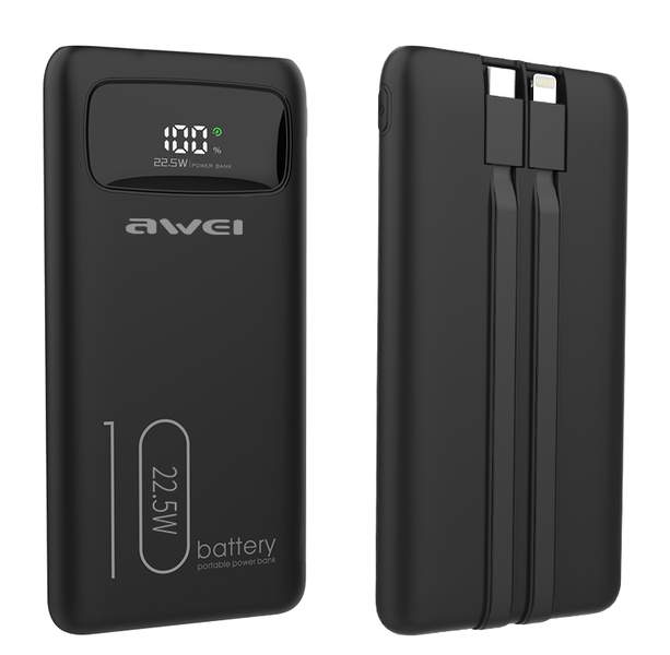 awei-10000mAh Fast Charge Power Bank-2 Cables Contained(Type-C&amp;Lightning)