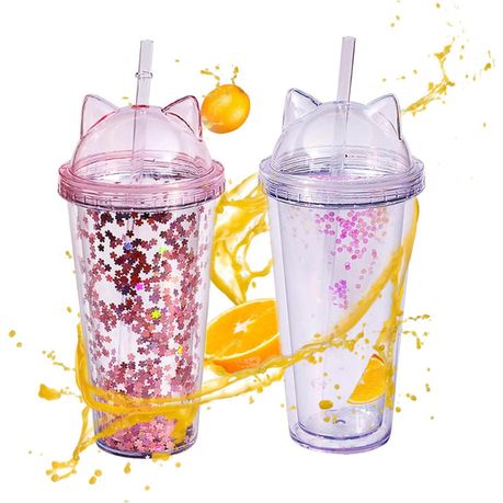 420ml Cat Ear Straw Cup, Cute Summer Water Cup