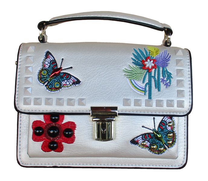 Women's Structured Silver/White Handbag with Embroidered Butterflies &amp; Flowers