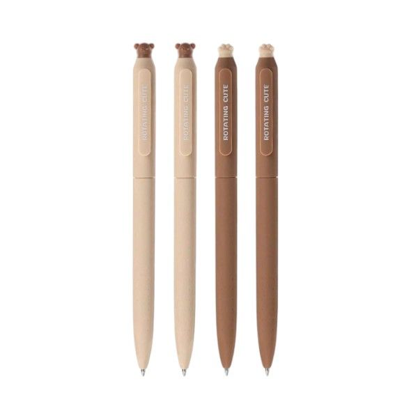 4 Piece - Cute Paw 0.5mm Rotating Core Erasable Pen Set - Teddy Bear Brown