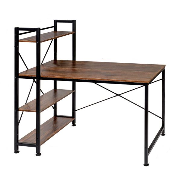 Office Table Computer Desk With Four Tiers Shelves - 120x60x121cm - Brown