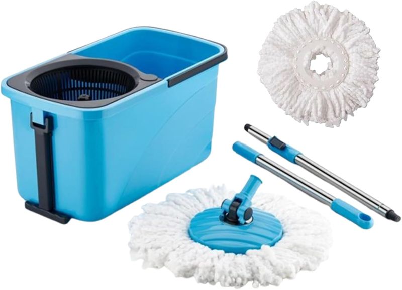 Sulfar Spin Bucket Mop Set with Plastic Wringer and Auto-fold Handle (Blue)