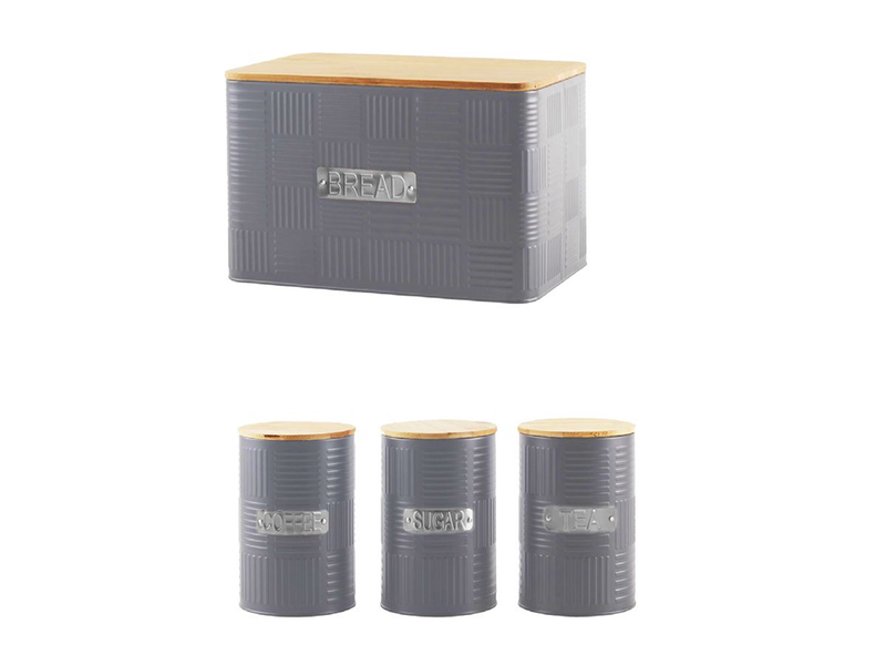 Bamboo Lid Bread Bin And Three Canister Set - Grey