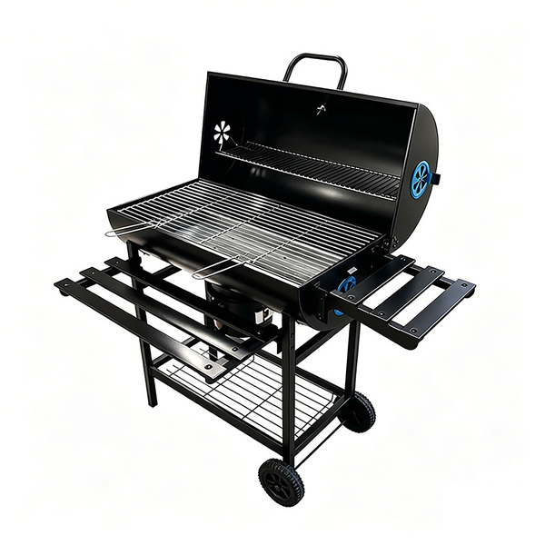 BBQ Large charcoal wood barbecue grill with foldable tabletop