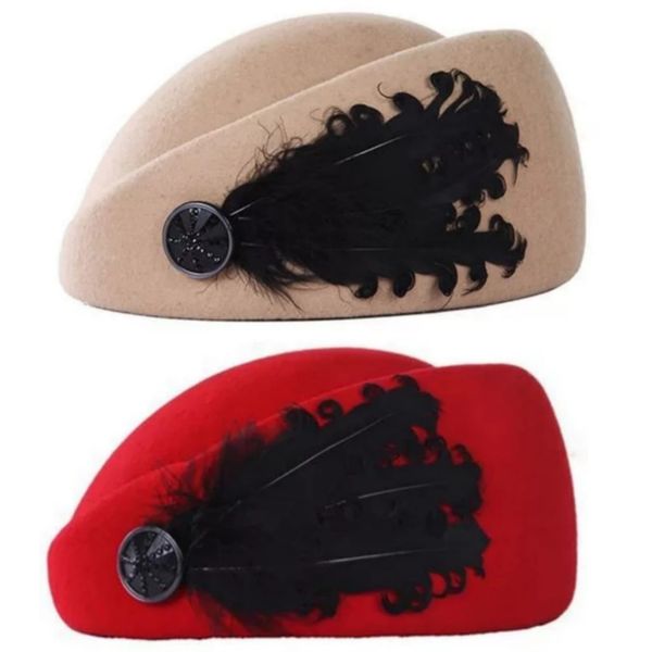 Lilhe Pack of Light Brown &amp; Red Elegant Beret Cap with Feather for Ladies