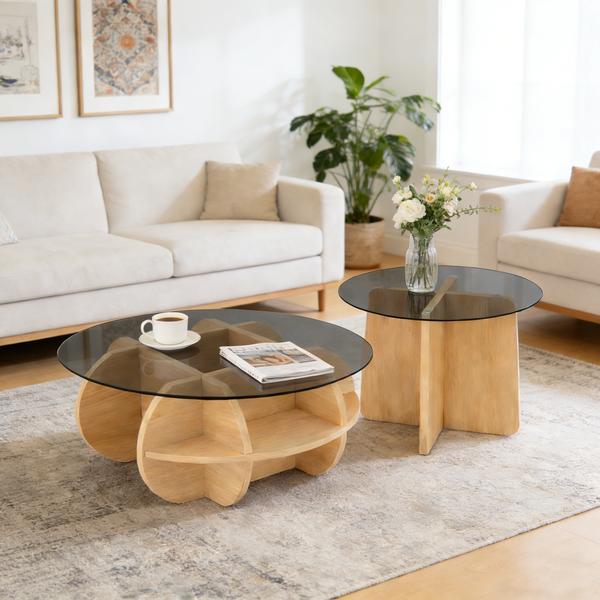 Nesting Coffee Table Set of 2 Centre Table Round Glass-top Sofa Side Table