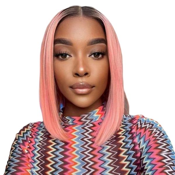 12inch 13x4 Pink Color Black Roots Bob Lace Front Wig Human Hair