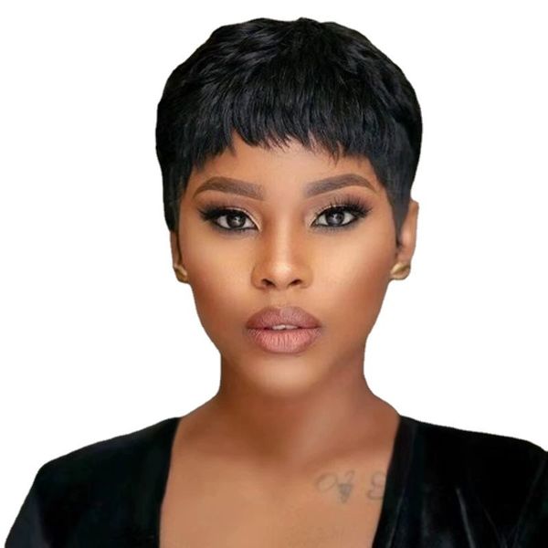 Ladies Breathable Chemical Fiber Black Short Straight Wig
