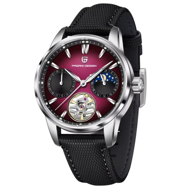 Pagani Design Men's Eclipse Automatic Skeleton Leather Fluorine Watch Red