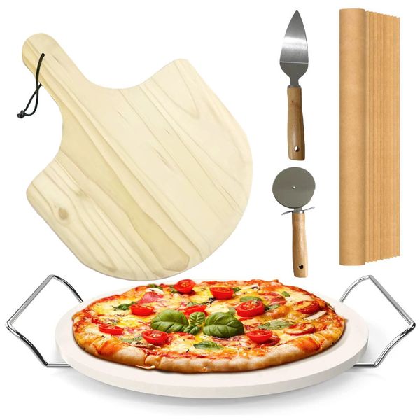 15pcs Pizza Stone Set with Wooden Pizza Peel &amp; Cutter &amp; Oil Paper 13inch