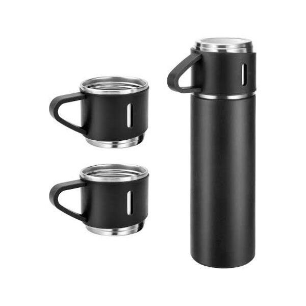 500ml Double Wall Vacuum Flask with 2 Extra Cups in Gift Bag - Black