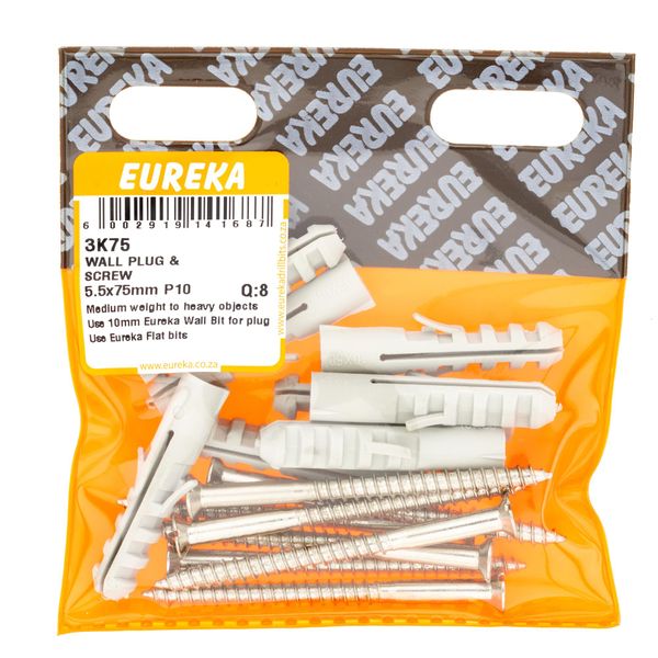EUREKA Wall Plug &amp; Screw 5.5 x 75mm Plug 10mm Q:8 3K75