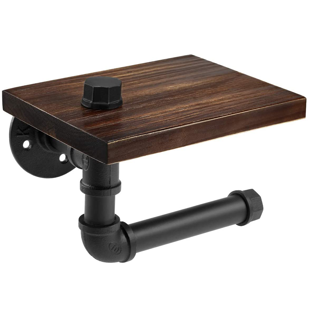Pipe Toilet Paper Holder with Wooden Shelf and Metal Pipe for Bathroom ...