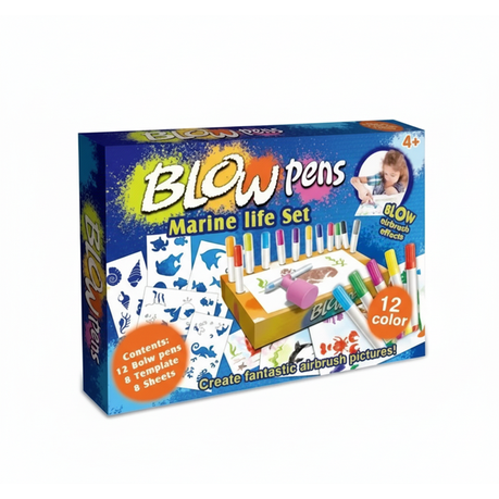 Blow Pens Kids Art and Craft Set -Air Brush Markers with Pump and Stencils Image