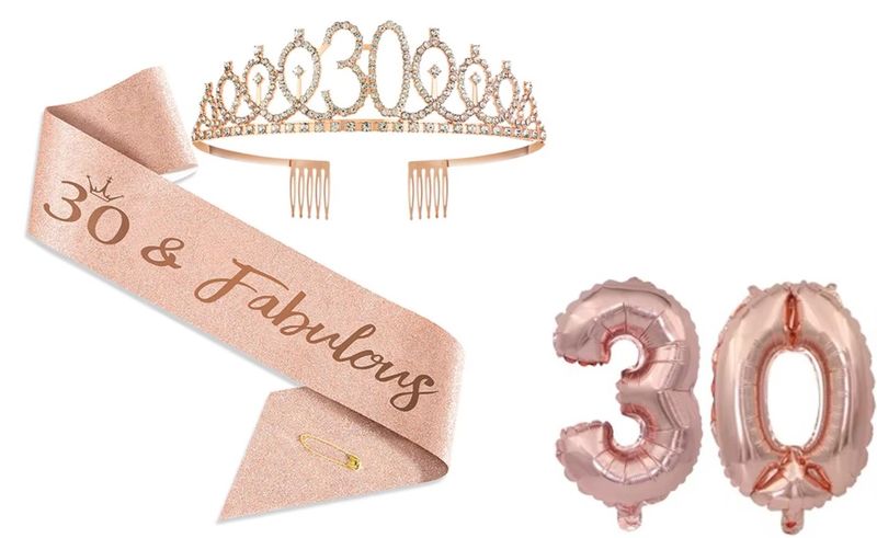 30th Birthday Tiara, Sash and Number Balloons - Rose Gold