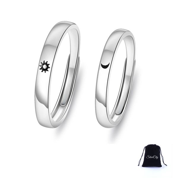 SilverCity Adjustable Moon and Sun Couple Ring Set - Sterling Silver Plated