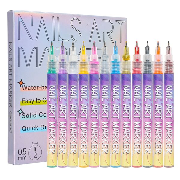 Nail Art Graffiti Pen with 12 Colors Acrylic Paint, DIY Quick Drying