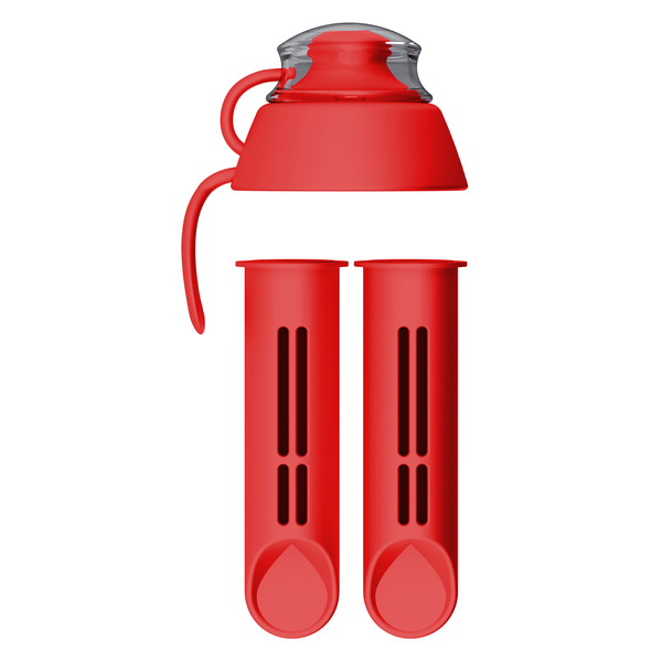 PearlCo Water Bottle Filter Cartridge Replacement x2 + Lid Red